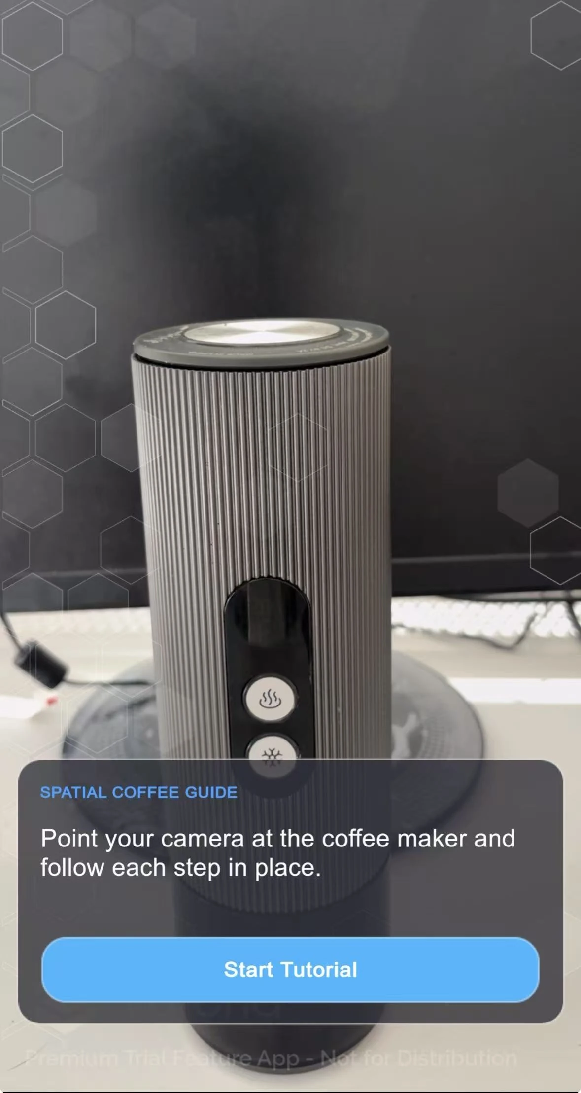 BrewGuide onboarding interface asking the user to point the camera at the coffee maker