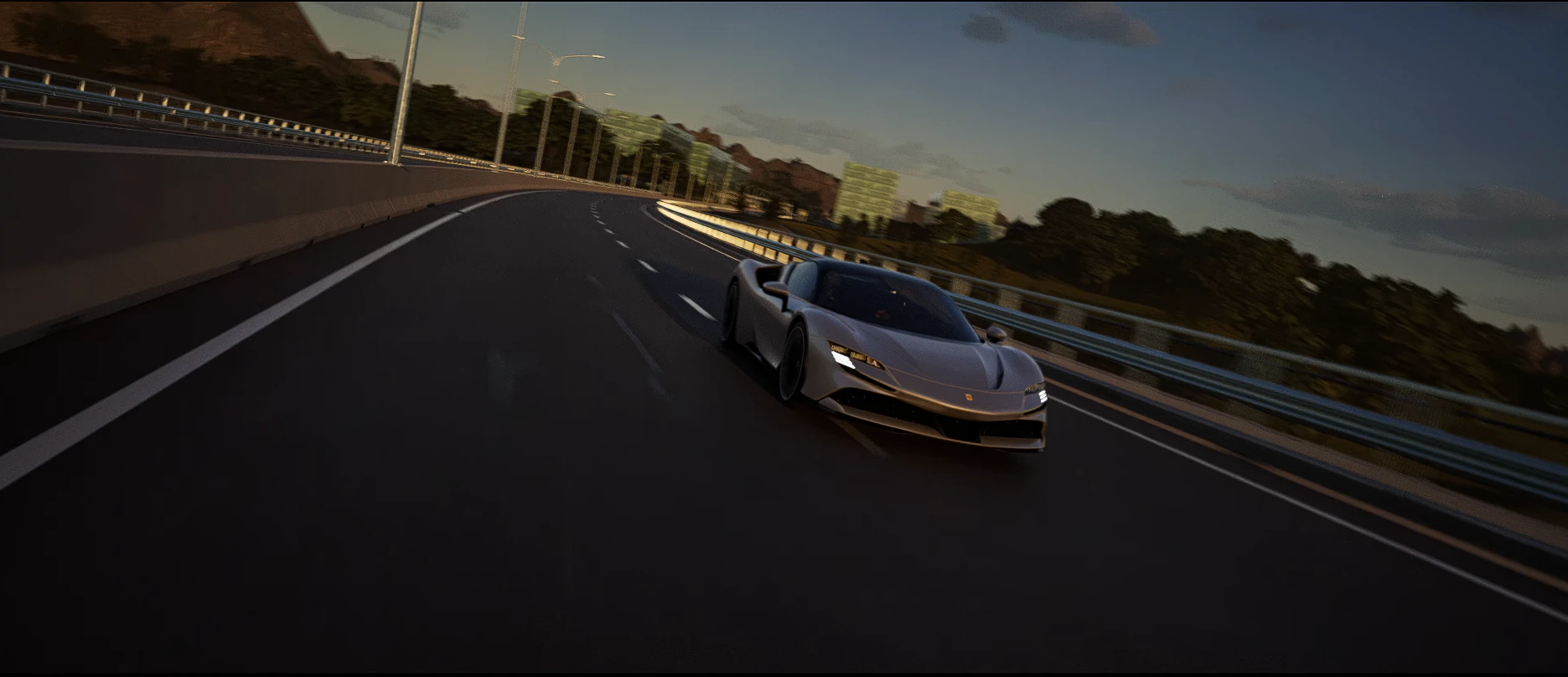 Ferrari SF90 Stradale driving through a cinematic highway environment