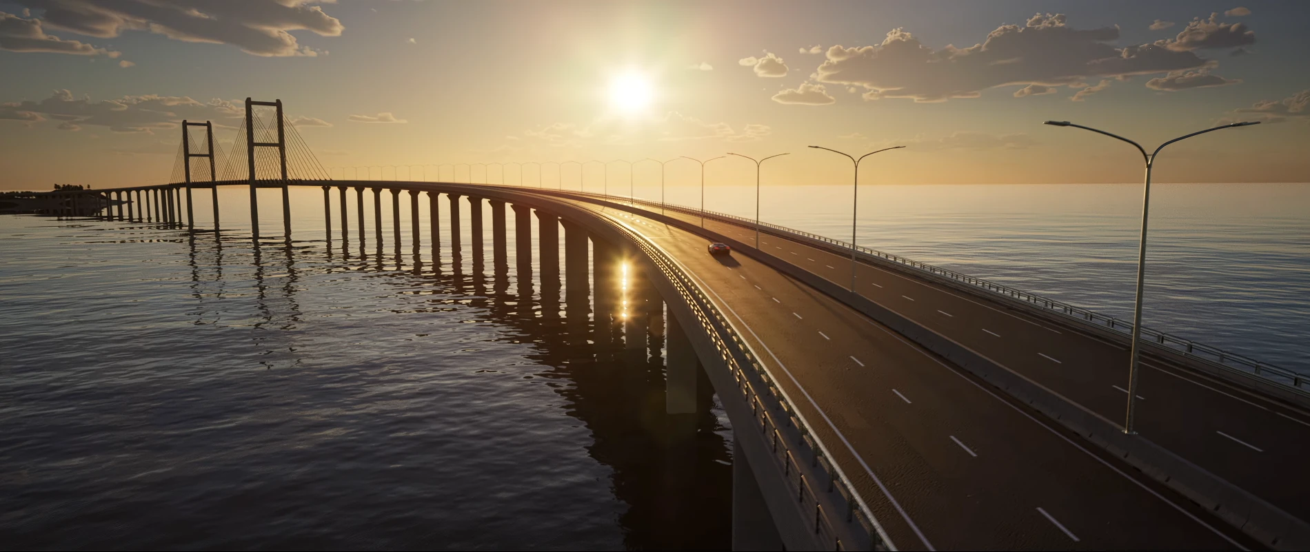 Sunset bridge environment created for the automotive cinematic