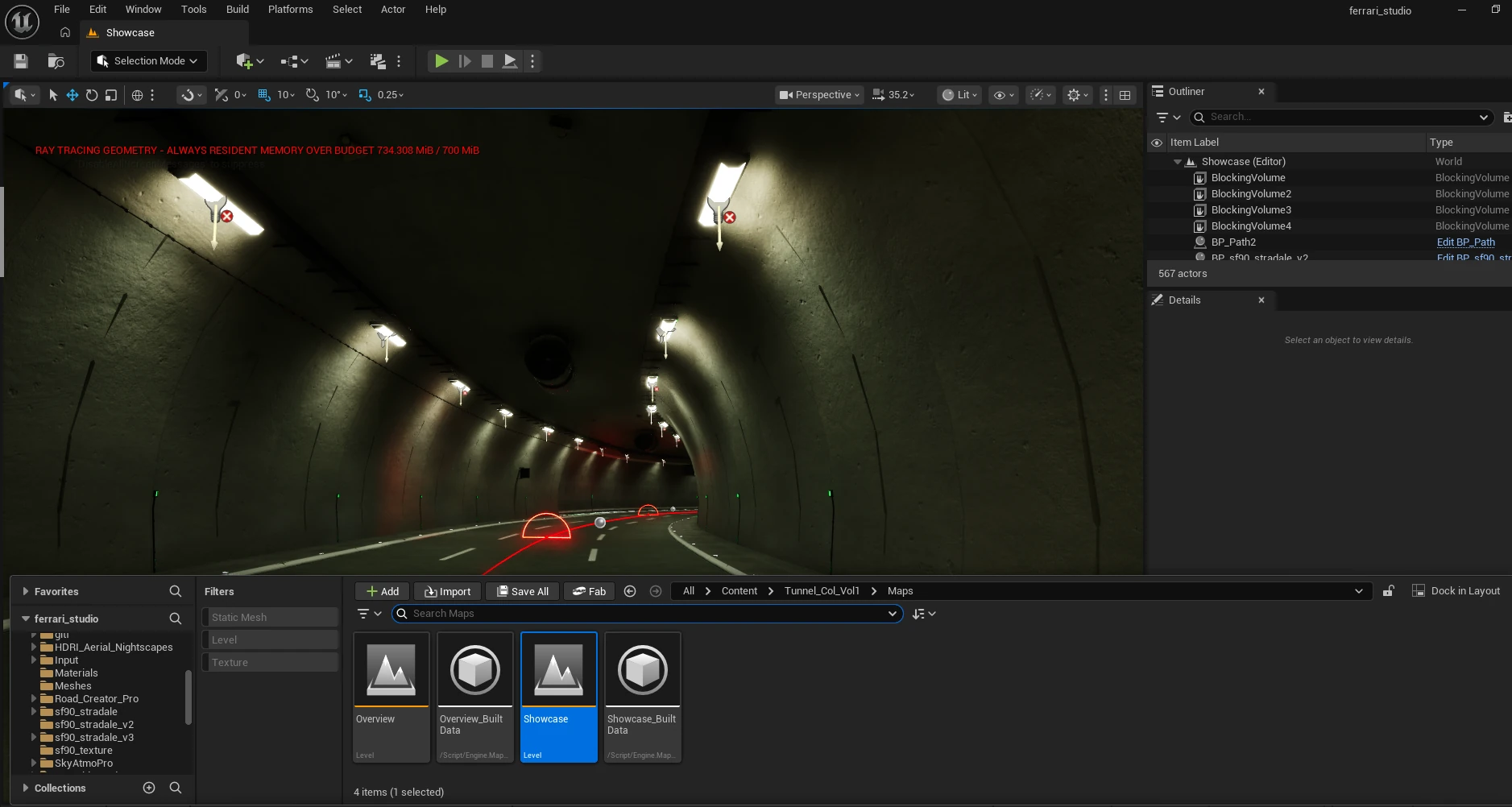 Tunnel lighting environment being developed in Unreal Engine 5