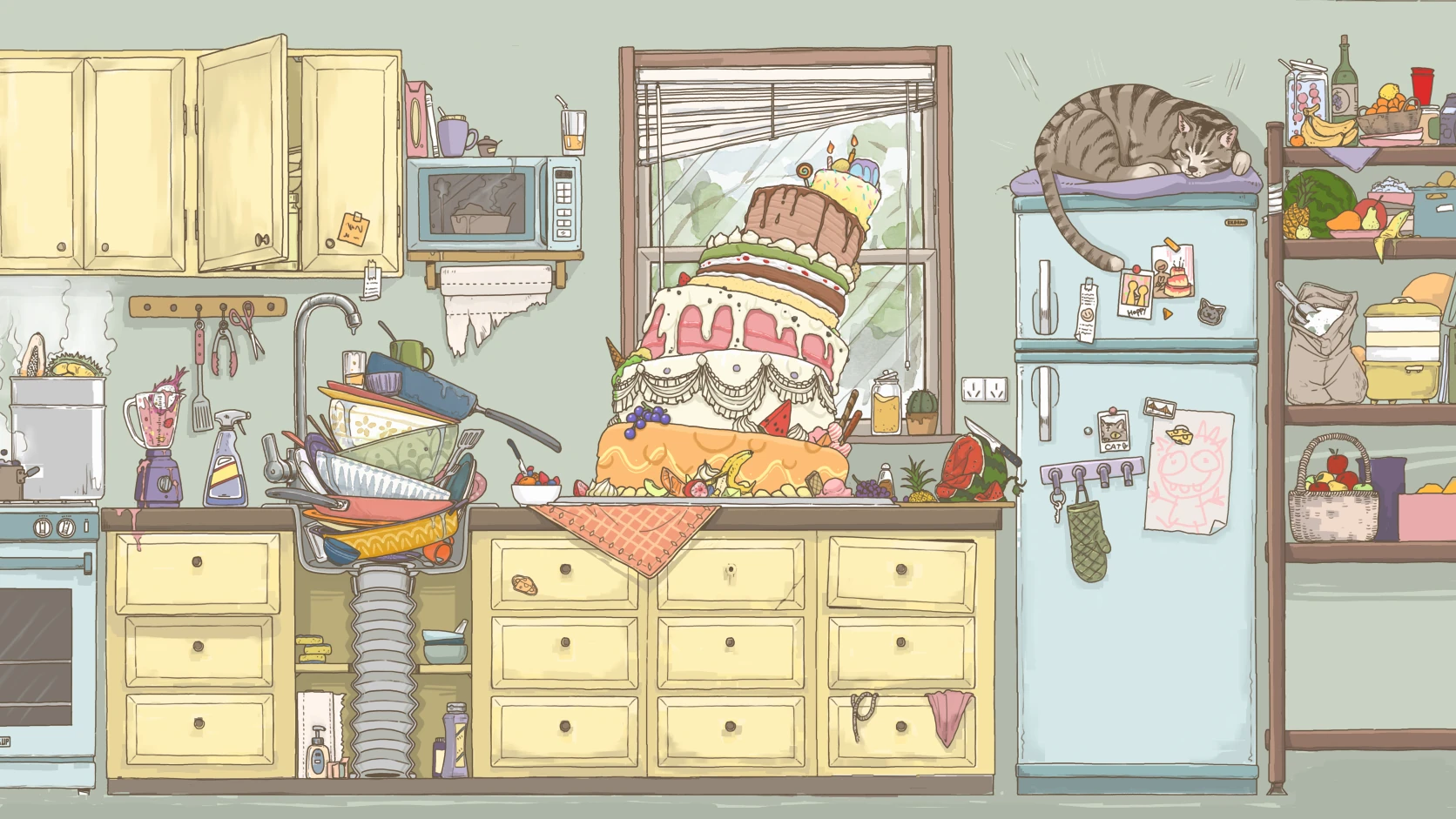 Twogether Climb miniature kitchen level filled with oversized food and household objects