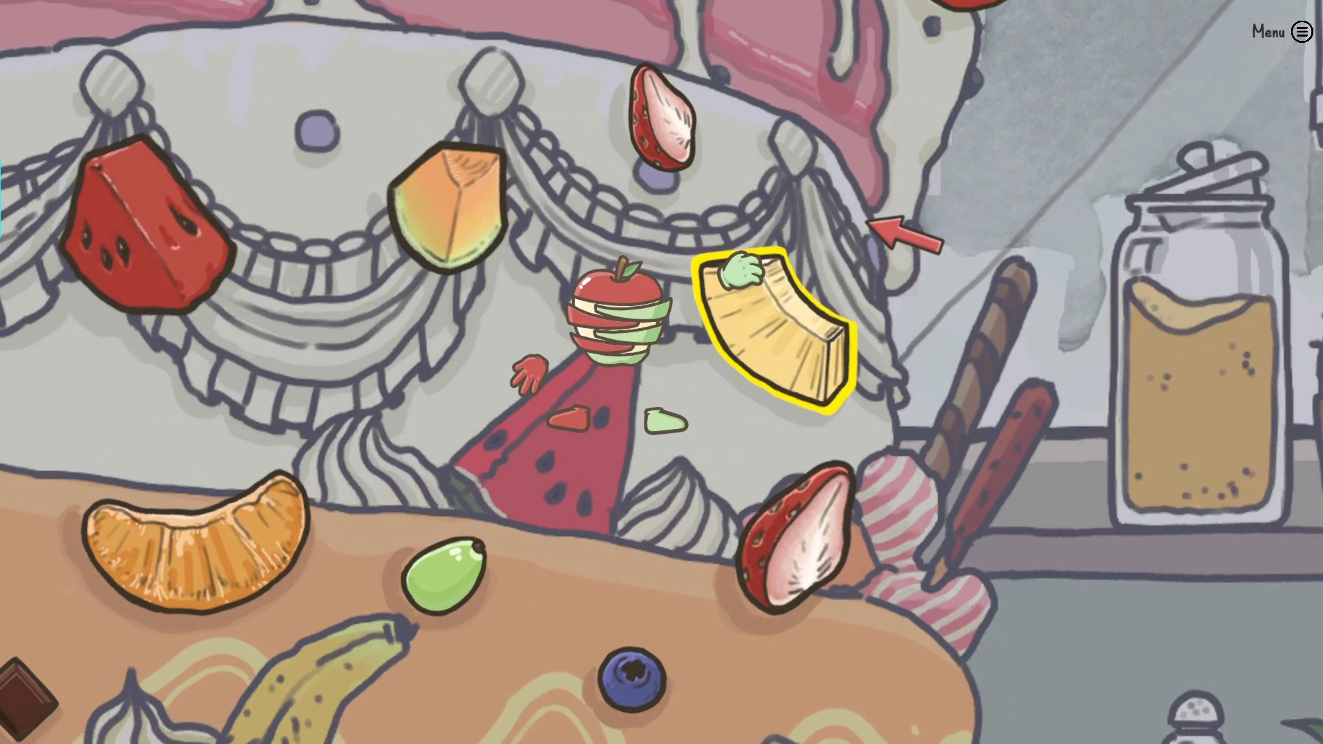 Two players coordinating the shared character across food obstacles