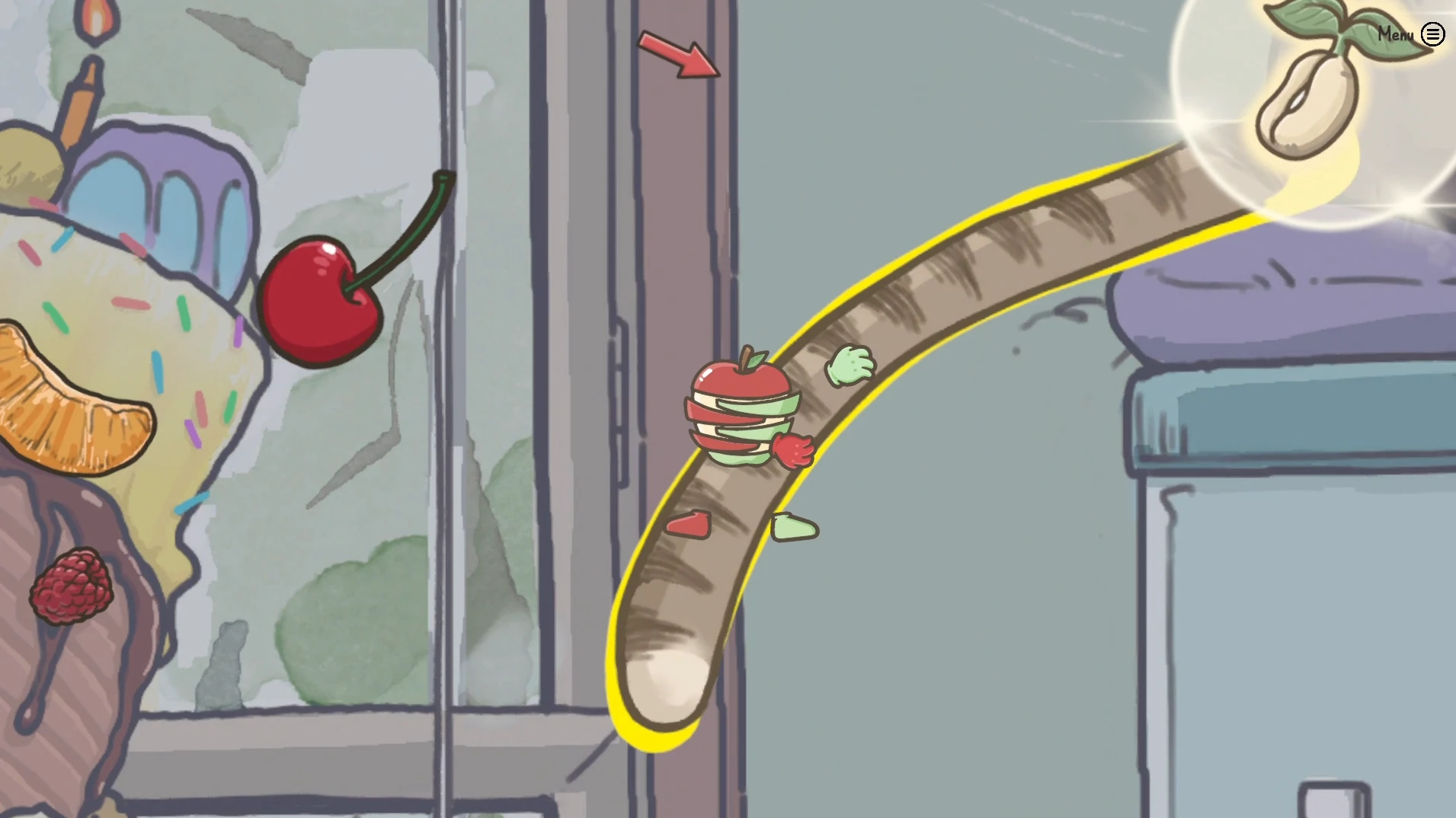 Shared character climbing along a curved kitchen utensil