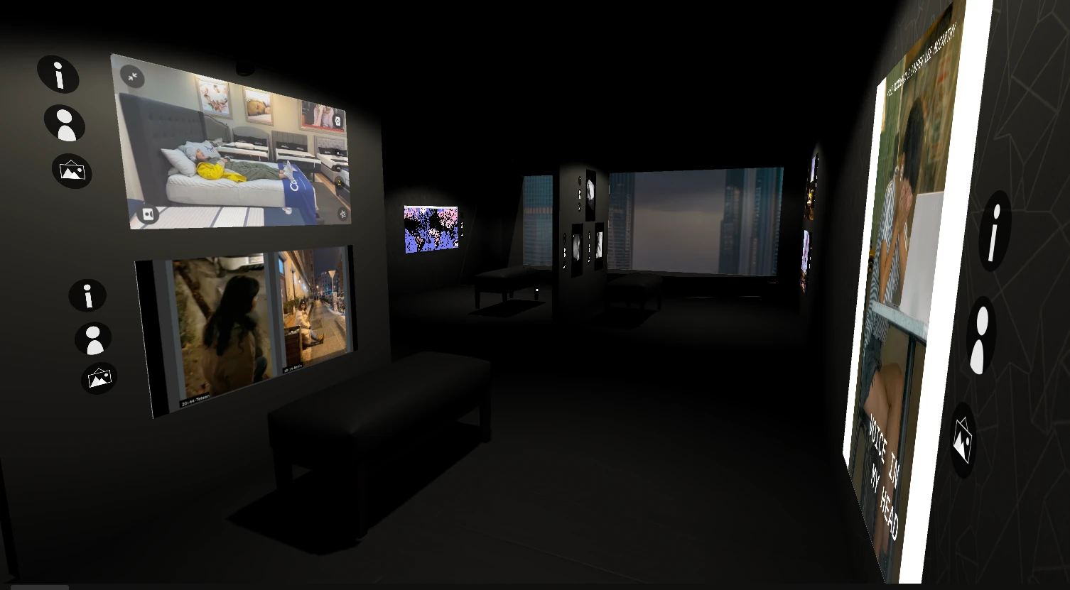 Interactive artwork wall and navigation controls inside the virtual exhibition