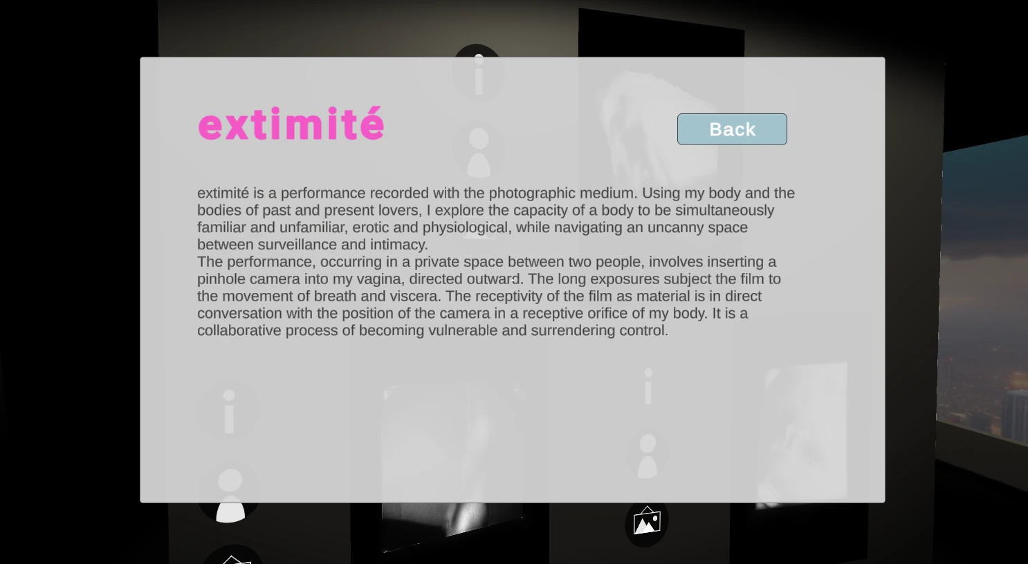 Artwork information panel opened inside the virtual gallery