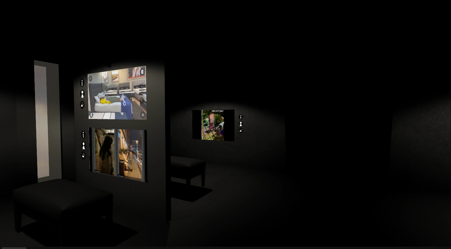 Visitor view across multiple rooms of the virtual exhibition