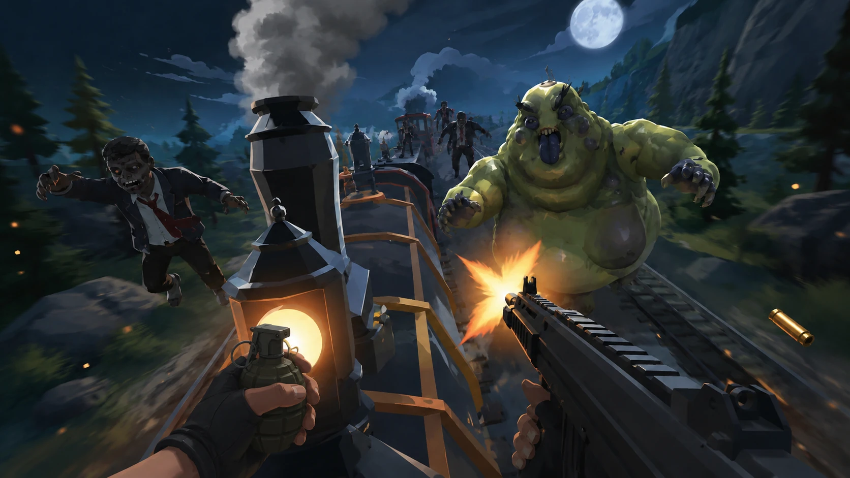 VR survival shooter combat on a moving train surrounded by zombies
