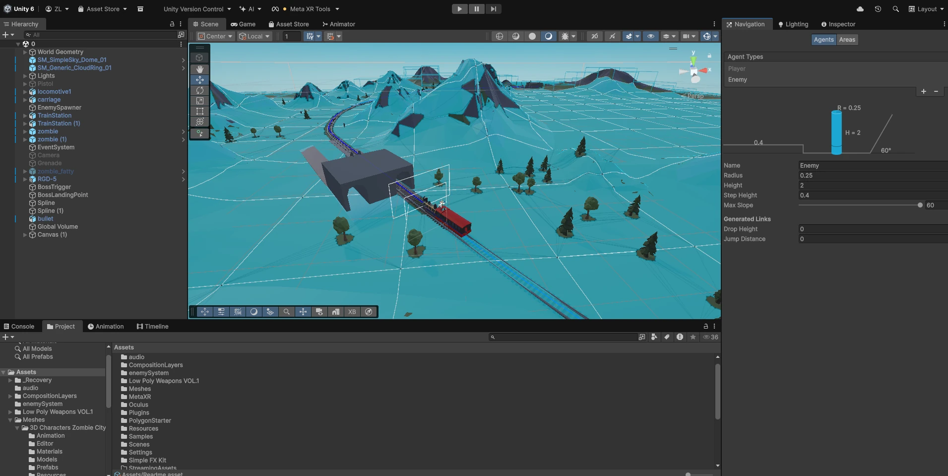Train level and surrounding landscape being assembled in Unity