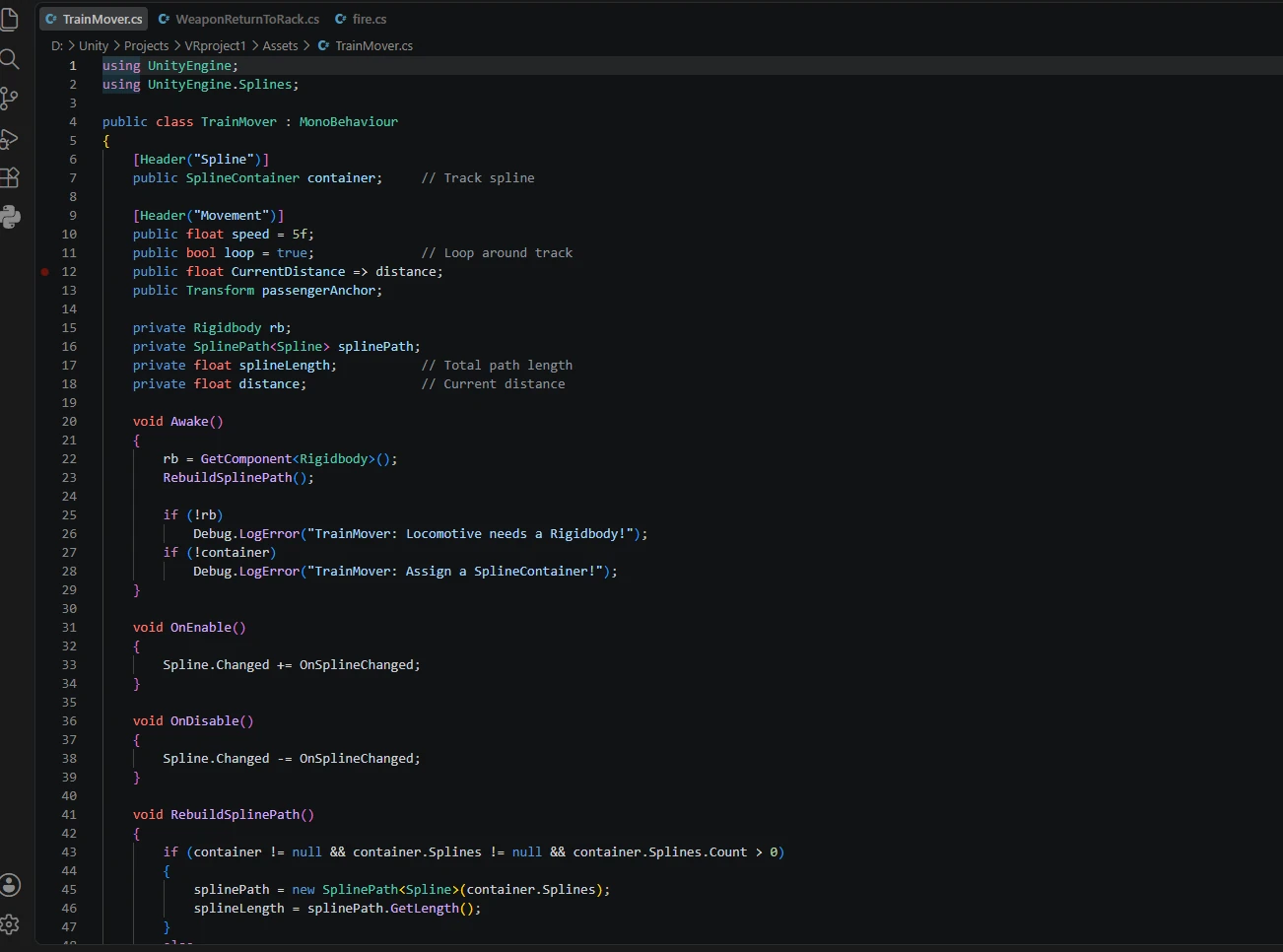 C sharp gameplay code for the VR train interaction system